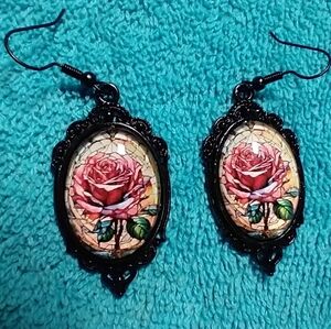Black red yellow rose flower floral cabochon wire earrings